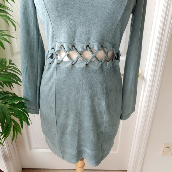 Charlotte Russe Suede Cutout Lace Up Long Sleeve Mini Dress Grey Blue Medium - Picture 3 of 8